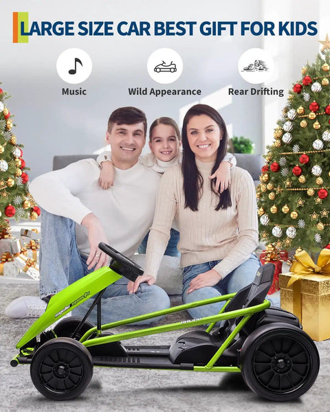 24V Electric Go Kart For Kids With Dual 300W Motors, 9Ah Battery, 8.1 MPH Speed, Full Metal Frame, green on display