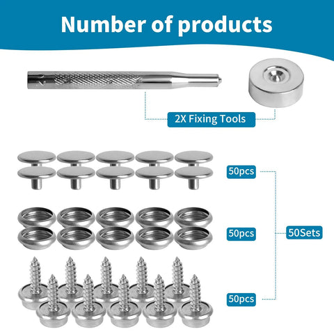 150 Piece Canvas Snap Kit Tool Set Marine Grade Stainless Steel Five Eighths Inch Snaps With Screws Sockets Covers