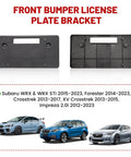 No Drilling Required Front License Plate Bracket For Subaru WRX Forester Crosstrek XV Crosstrek And Impreza Front Bumper With Round Hole Openings Easy Install Includes Screws And Anchors, black plastic, shown front and back with compatible Subaru models below.