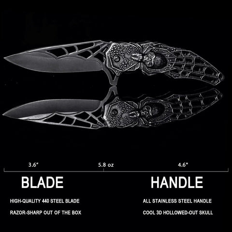 Pocket Folding Knife With 3D Embossed Skull Pattern, 3.6 Inch Razor Sharp 440 Stainless Steel Blade, shown open on black background