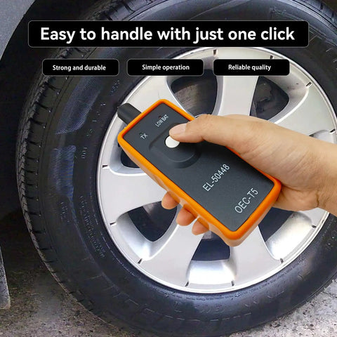 No Fuss Slick TPMS Relearn Tool and Tire Pressure Sensor Reset Adapter EL50448 held by a hand near a car tire.