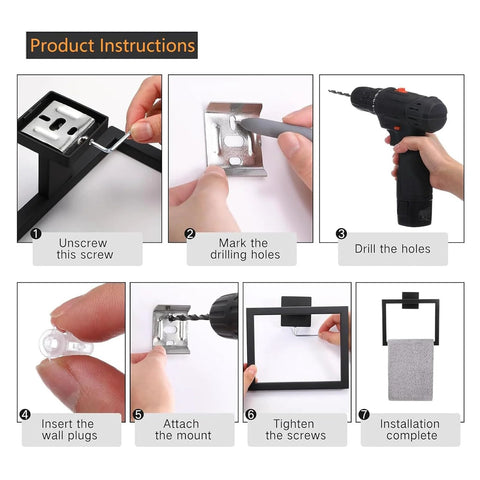Installation instructions for 5 Piece Matte Black Bathroom Hardware Set with tools, screws, and wall plugs showcased step by step.