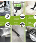 Straight Up Pressurized Handheld Steam Cleaner With Twelve Quick Swap Attachments showing various nozzles and brushes for efficient cleaning.