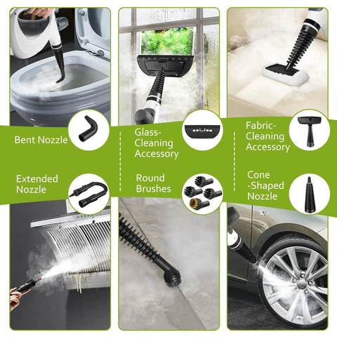 Straight Up Pressurized Handheld Steam Cleaner With Twelve Quick Swap Attachments showing various nozzles and brushes for efficient cleaning.