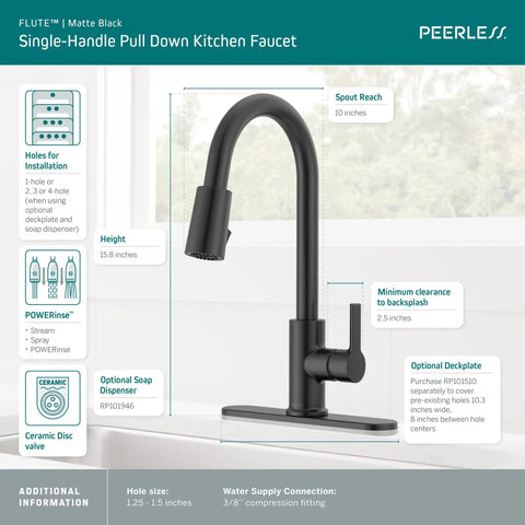 Three-Function Pull-Down Kitchen Faucet With POWERinse Technology Delivers Extra Cleaning Power, High-Arc Gooseneck Design