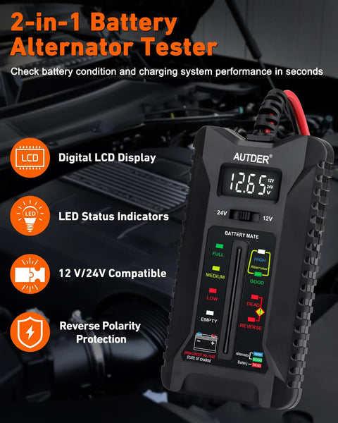 12V 24V Car Battery Tester With Digital Pro Grade All In One Battery And Alternator Tester, LCD Display, LED Indicators, for engine bay