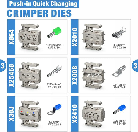 8 Piece Ratcheting Wire Crimping Tool Set With Quick Change Dies For Insulated Heat Shrink And Non Insulated Terminals Battery Cable Lugs IWS4 Solar Connectors Ferrules And Built In Wire Stripper