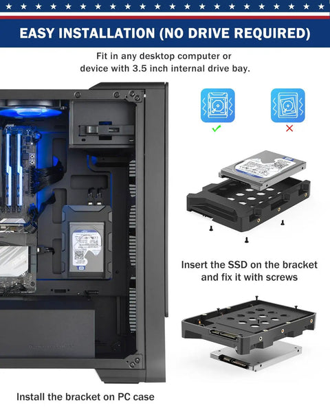 Desktop PC case with 2 Pack 2.5 To 3.5 Inch SSD And HDD Adapter Bracket Kit installation guide, easy install with screws.