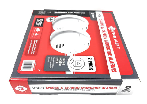 Combo Smoke And Carbon Monoxide Alarm With Interconnect, Hardwired Power, Battery Backup, Voice And Location Alerts, Easy To Install, Model SMCO100V-AC, 2-Pack in retail packaging