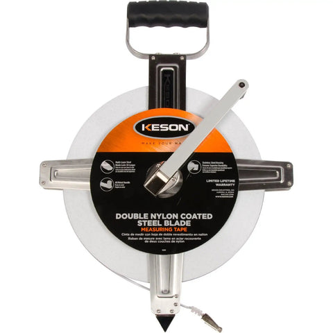 Nylon-Reinforced Steel Blade Tape Measure With Stainless Steel Housing And Hook End, 200-Foot, rubber grip handle and metal crank