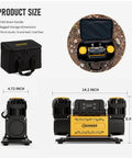 Heavy Duty 12V Air Compressor For 4X4 Trucks Portable Dual Cylinder Tire Inflator With 150 Psi Output And LCD Panel shown with storage bag and dimensions.