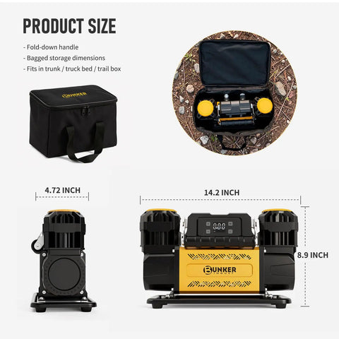 Heavy Duty 12V Air Compressor For 4X4 Trucks Portable Dual Cylinder Tire Inflator With 150 Psi Output And LCD Panel shown with storage bag and dimensions.