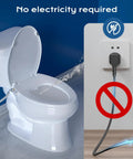 No Fuss Non Electric Elongated Bidet Toilet Seat With Dual Wash Arms And Adjustable Water Pressure showing no electricity required.