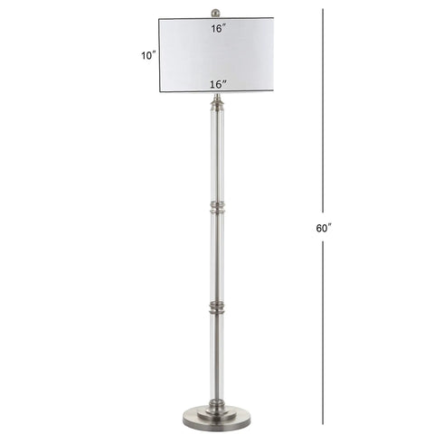 60 Inch Polished Nickel And Clear Glass Floor Lamp With White Linen Round Shade, Transitional Iron Standing Light For Your Living Room, Foot Switch, LED Bulb Included