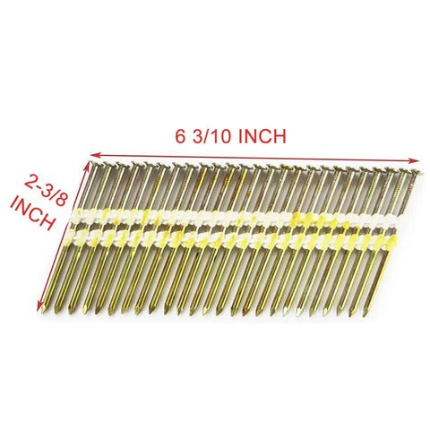 Three Inch Framing Nails For Tough Wood Framing Jobs, 21 Degree EG Smooth Shank Plastic Collated Nails For Framing Nailer, 3 X.131 Inch, 1500 Count Heavy Duty Framing Projects Jobsite Ready. Two rows of plastic collated nails are horizontally placed with product dimensions labeled on the white background.