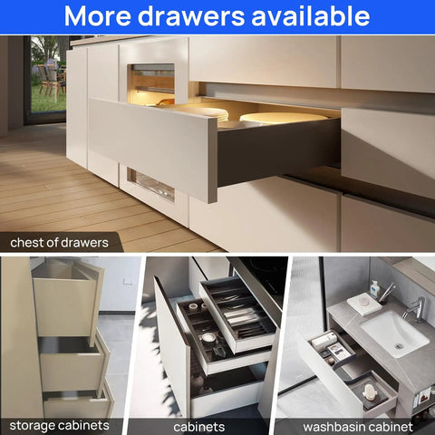 Bottom Mount Soft Close Drawer Slides Set 10 12 14 16 18 20 22 24 Inch Full Extension Concealed Rails 100 Pound Load Without Bracket in various frameless cabinet installations.