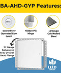 Top Shelf 24x24 Heavy Duty Steel Access Panel With Bead Flange And Concealed Hinge Built Tough For Drywall Ceilings showing 16 gauge cold rolled steel design.