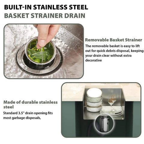 Hand using removable basket strainer in Undermount Kitchen Sink 23x18 Inch Stainless Steel 16 Gauge Single Bowl 10 Inch Deep T304