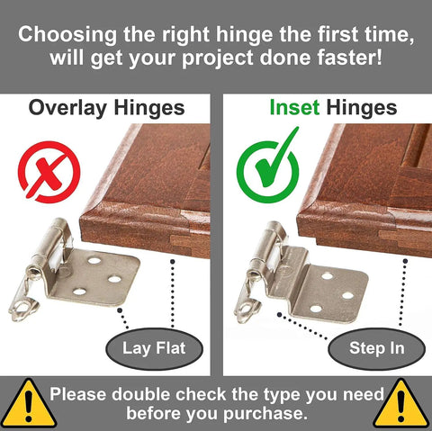 Comparison of overlay hinges and Three Eighths Inch Inset Cabinet Hinges Brushed Nickel Satin Nickel Finish Self Closing Offset Hinges.