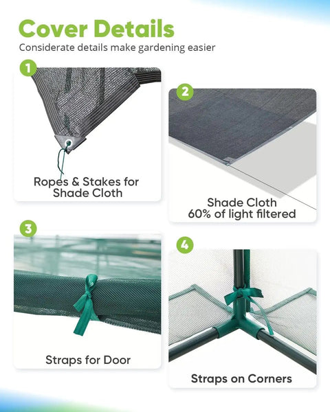 Detail of Galvanized Raised Garden Bed With Crop Cage Net Tent And Shade Cloth Kit, showing ropes, shade cloth, and straps.