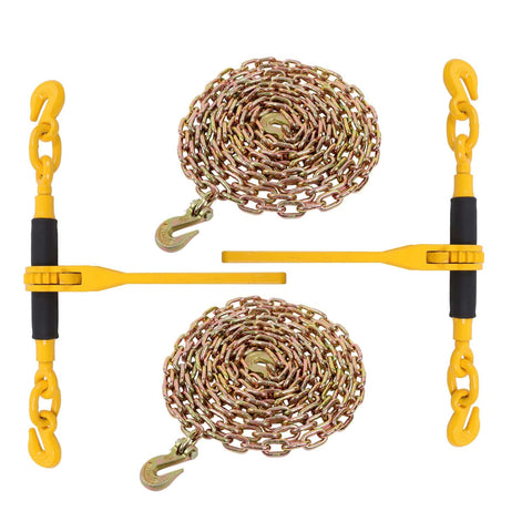 Heavy Duty Ratchet Chain Binder With Five Sixteenths Inch Chain 20 Foot Length 7100 Lbs Working Load Limit 28400 Lbs Breaking Strength G80 Steel Tie Down For Flatbed Trailers And Hauling Rotating Forged Hook For Easy Securing displayed on white background