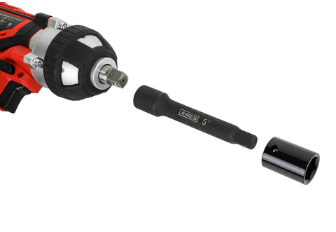 Three Inch, Five Inch, And Ten Inch Impact Extension Bar Set For Impact Drivers next to cordless impact wrench, laser-etched extensions.