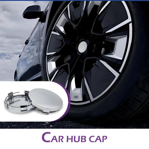 Four Pack Universal Snap In Wheel Center Hub Caps In Matte Silver Sheen Heavy Duty Polymer Shell on modern car wheel.
