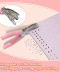 Three Piece Metal Handheld Paper Punch Set With Plastic Handle creating circle holes in glitter paper, showing paper scrap storage.
