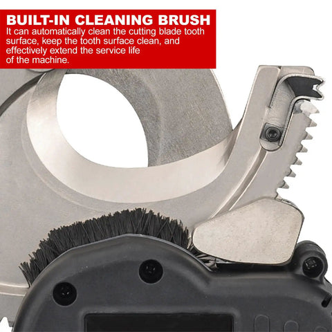 Close-up of cordless ratchet cable cutter blade with built-in cleaning brush for armored cables up to 75mm.