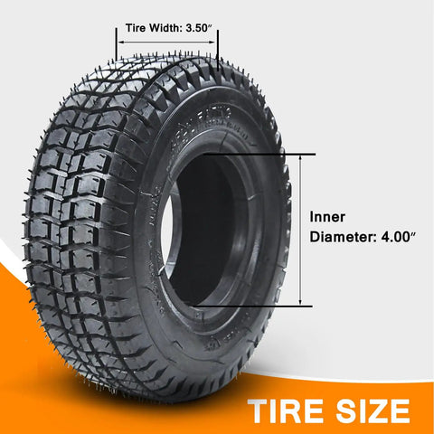 9x3.50-4 Tire With Inner Tube Replacement Pack For 49cc Stand Up Gas Scooters, tread pattern and dimensions displayed