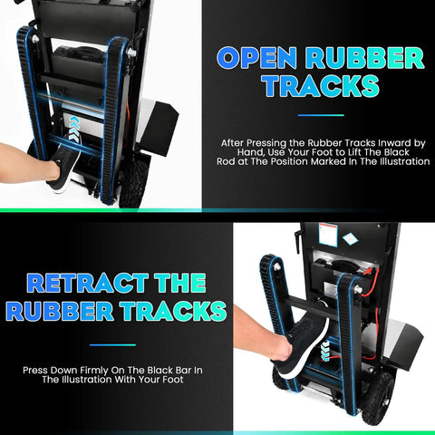 Powerful Electric Stair Climbing Hand Truck With Heavy Duty Rubber Tracks And Adjustable Tray For Moving Furniture Up Stairs Fast Plus Lithium Battery Safety Rope Gear, user instructions for opening and retracting rubber tracks.