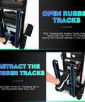 Heavy Duty Electric Stair Climbing Dolly with 1250W Motorized Power Cart showing foot use to open and retract rubber tracks.