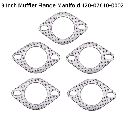 Five 3-inch exhaust gaskets with two-bolt flanges for muffler manifolds; high-temperature metal