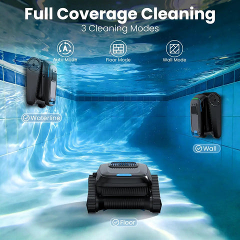 Cordless Robotic Pool Cleaner For Inground And Above Ground Pools With Smart Nav And 5000 GPH Suction No Brainer Dual Drive Motors Dual Active Brushes 4L Large Filter Deep Clean Floor Wall And Waterline Self Parking Black in a swimming pool demonstrating full coverage cleaning modes including auto, floor, and wall cleaning.
