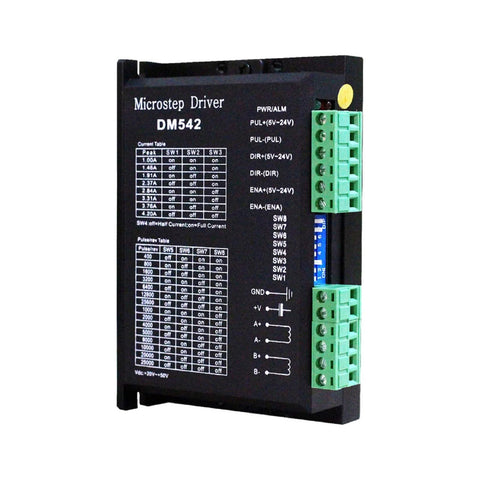 Angled front view of DM542 microstep driver module with green terminal blocks on a black enclosure.