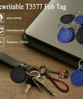 10 Pack 125kHz Blank RFID Key Fobs Proximity Tokens Rewritable T5577 on laptop and keychain