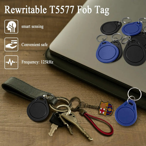 10 Pack 125kHz Blank RFID Key Fobs Proximity Tokens Rewritable T5577 on laptop and keychain