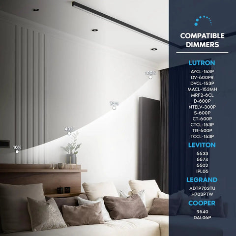 Image of compatible dimmers for 3 Inch Led Canless Recessed Downlights 6 Pack Regressed Spotlights shown in a modern living room.
