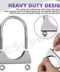 Exhaust U Clamp Kit 2 Pieces 1.3 Inch Stainless Steel U-Bolt Clamps with hands demonstrating assembly, beefy duty connectors
