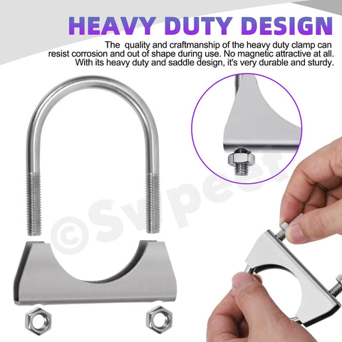 Exhaust U Clamp Kit 2 Pieces 1.3 Inch Stainless Steel U-Bolt Clamps with hands demonstrating assembly, beefy duty connectors