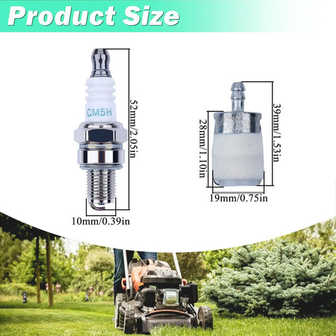 Image showing spark plug and primer bulb dimensions for Honda 9 In 1 Carburetor Kit With Gasket Fuel Filter Air Filter Spark Plug And Primer Bulb Replacement Parts For GX35 GX25 FG110 HHT25 HHT35 Rototiller Trimmer And Lawn Mower