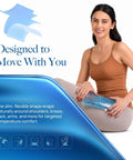 Woman holding Cozy Gel Ice Pack 10x15 Inches for Targeted Pain Relief next to flexible design graphic.
