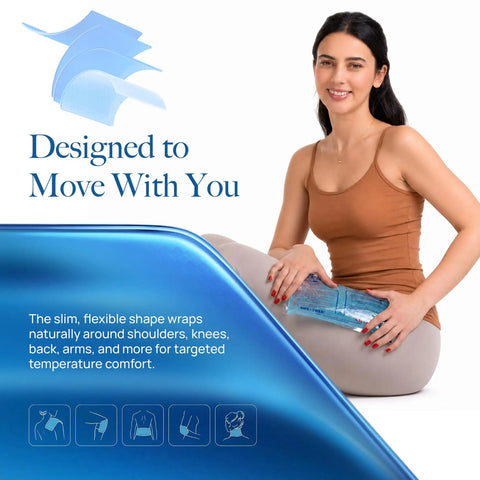 Woman holding Cozy Gel Ice Pack 10x15 Inches for Targeted Pain Relief next to flexible design graphic.