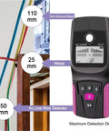 Heavy Duty Handheld Wall Scanner And Digital Stud Finder Badass Accuracy Metal Wood Pipe Cable Wire Locator With Crisp Lcd Display showing detection depths and controls.