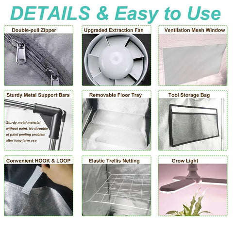 Details of Plug-And-Grow All-In-One Indoor Grow Tent Kit with carbon filter, extraction fan, and mylar material, 48x48x80 inch