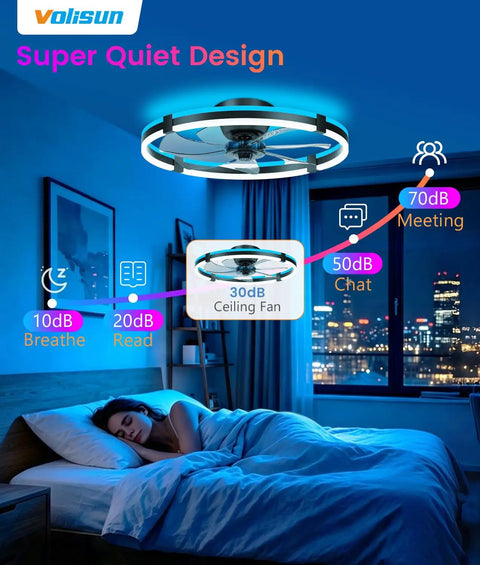 Sleek 24 Inch Rgb Ceiling Fan With Built In Lights And Wireless Remote, Low Profile Flush Mount Setup, Adjustable Cool To Warm Dimming, Whisper Quiet Bladeless Design, Total Room Vibe For Bedrooms Or Chill Spaces in a dark room with a sleeping person.
