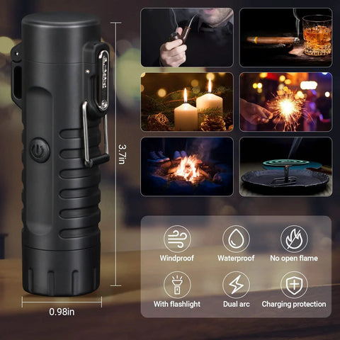 Windproof Plasma Arc Lighter And LED Flashlight 2 In 1 For Camping Hiking And Emergencies With A 5 In 1 Magnesium Fire Starter