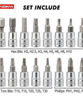 Hex, Torx, and Phillips bits included in the 1/4 Inch Drive Click Torque Wrench Set Dual Direction Adjustable 72-Tooth