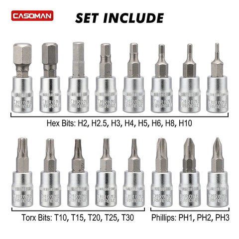 Hex, Torx, and Phillips bits included in the 1/4 Inch Drive Click Torque Wrench Set Dual Direction Adjustable 72-Tooth