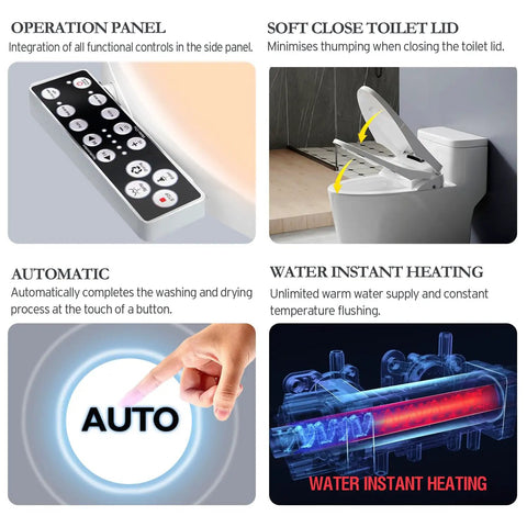 Top Tier Electric Heated Bidet Toilet Seat For Elongated Toilets With Soft Close Lid Warm Air Dryer Adjustable Water Settings Multi Clean Modes LED Night Light Self Cleans Nozzle Easy Peasy Bathroom Refresh, featuring operation panel, soft close lid, and instant heating.